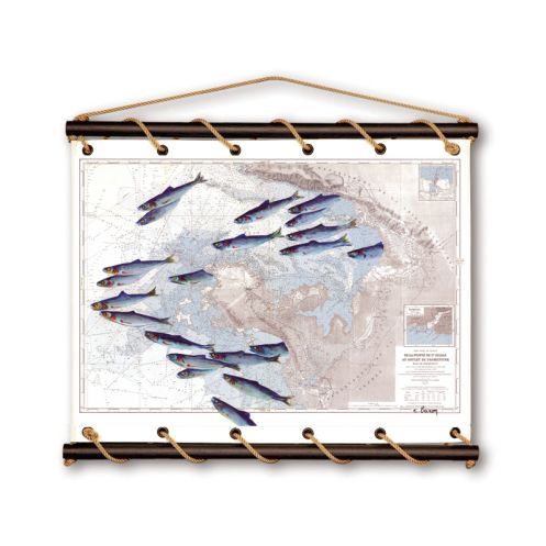 Toile tendue coton carte marine peinte - Escadrille de pêche à Pornic Toile tendue coton carte marine peinte - Escadrille de pêche à Pornic