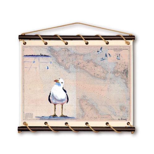Toile tendue coton carte marine peinte - Fleur de sel à Oléron Toile tendue coton carte marine peinte - Fleur de sel à Oléron