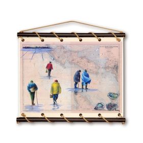 Toile tendue coton carte marine peinte - Pêcheurs à pied dans les Pertuis