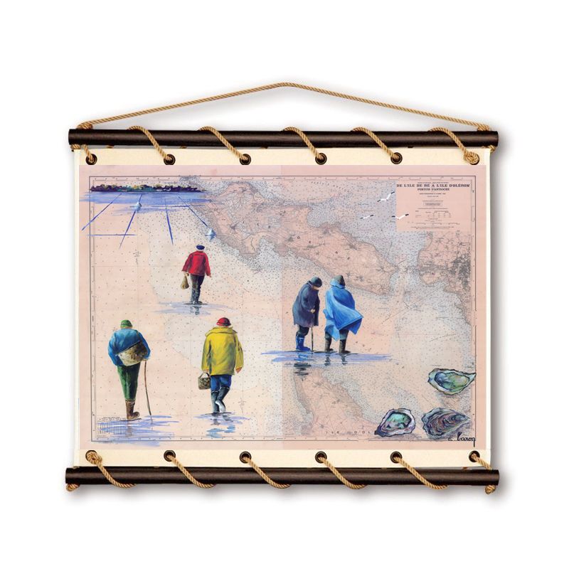 Toile tendue coton carte marine peinte - Pêcheurs à pied dans les Pertuis