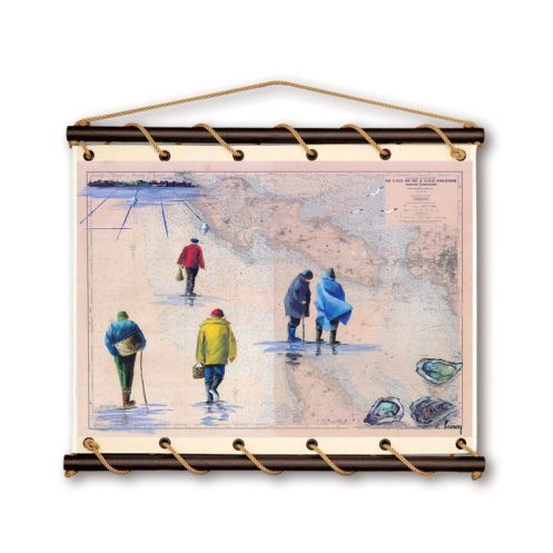 Toile tendue coton carte marine peinte - Pêcheurs à pied dans les Pertuis Toile tendue coton carte marine peinte - Pêcheurs à pied dans les Pertuis