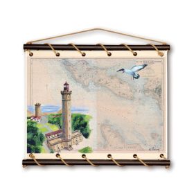 Toile tendue coton carte marine peinte - Phare des baleines sur l'île de Ré