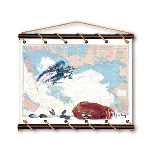 Toile tendue coton carte marine peinte - Coquillages et crustacés au Croisic Toile tendue coton carte marine peinte - Coquillages et crustacés au Croisic