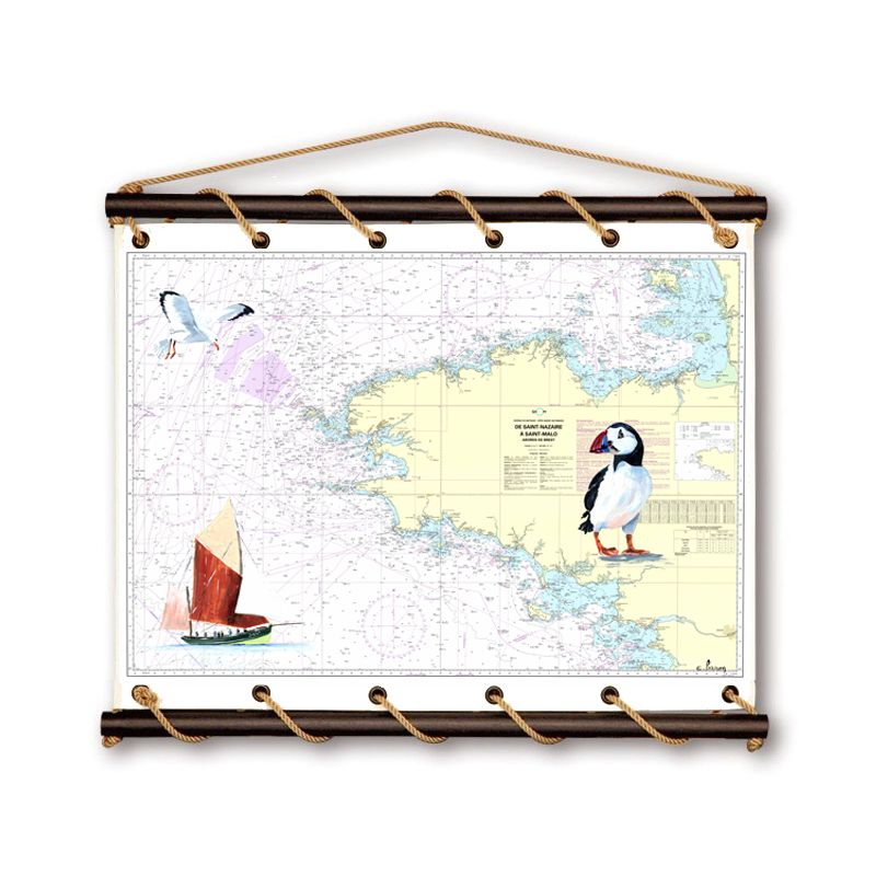 Toile tendue coton carte marine peinte - Bretagne
