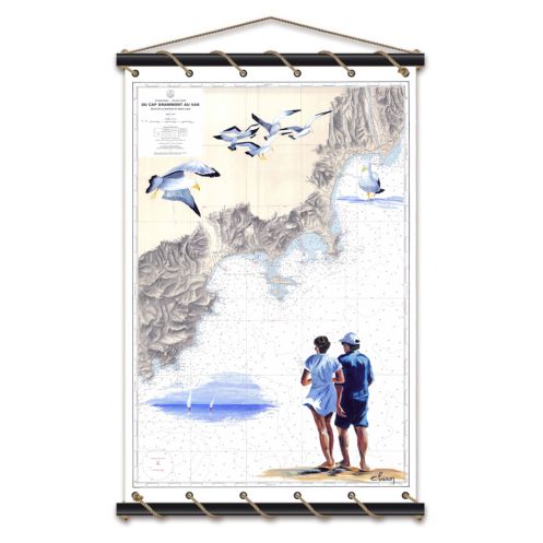 Toile tendue coton carte marine peinte - Promenade à Cannes Toile tendue coton carte marine peinte - Promenade à Cannes