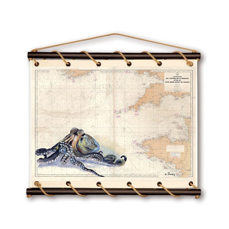 Toile tendue coton carte marine peinte - Gardien de la manche
