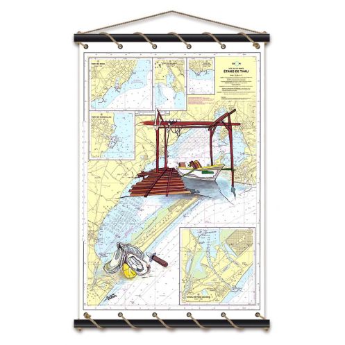 Toile tendue coton carte marine peinte - Dégustation sur l'étang de Thau