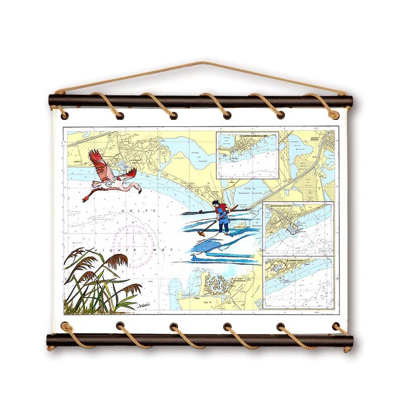 Toile tendue coton carte marine peinte - Golfe d'Aigues Mortes