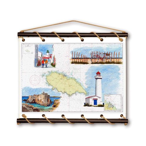 Toile tendue coton carte marine peinte - Balade à l'Île d'Yeu Toile tendue coton carte marine peinte - Balade à l'Île d'Yeu
