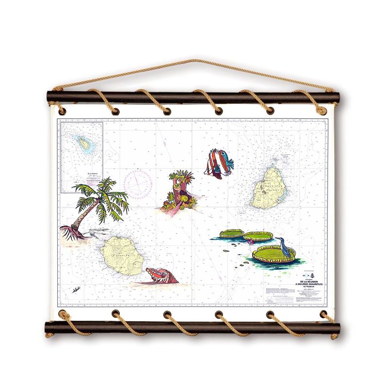 Toile tendue coton carte marine peinte - Iles de la Réunion