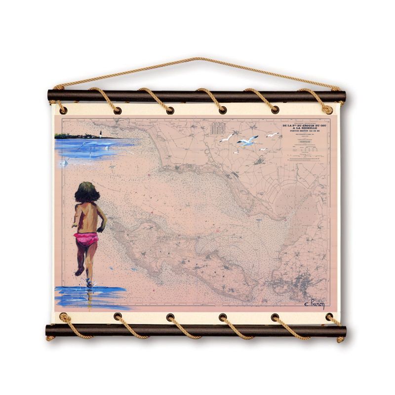 Toile tendue coton carte marine peinte - Jeux de plage à la Tranche sur mer