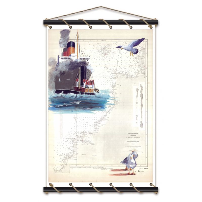 Toile tendue coton carte marine peinte - Lundy island