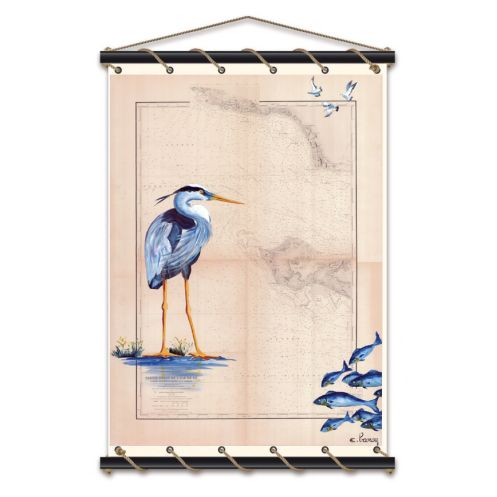 Toile tendue coton carte marine peinte - Héron de l'île de Ré