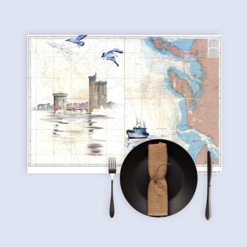 Set de table carte marine peinte - Tours de la Rochelle