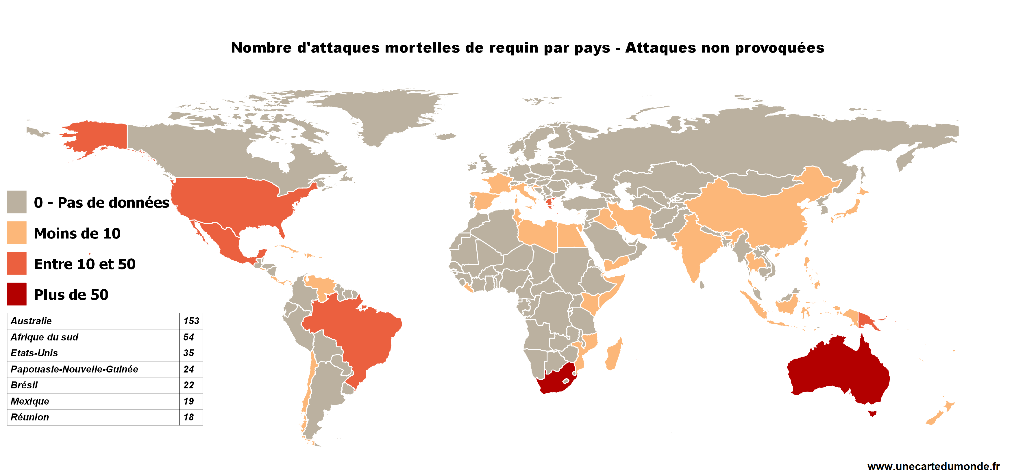 La carte du monde des attaques mortelles de requins